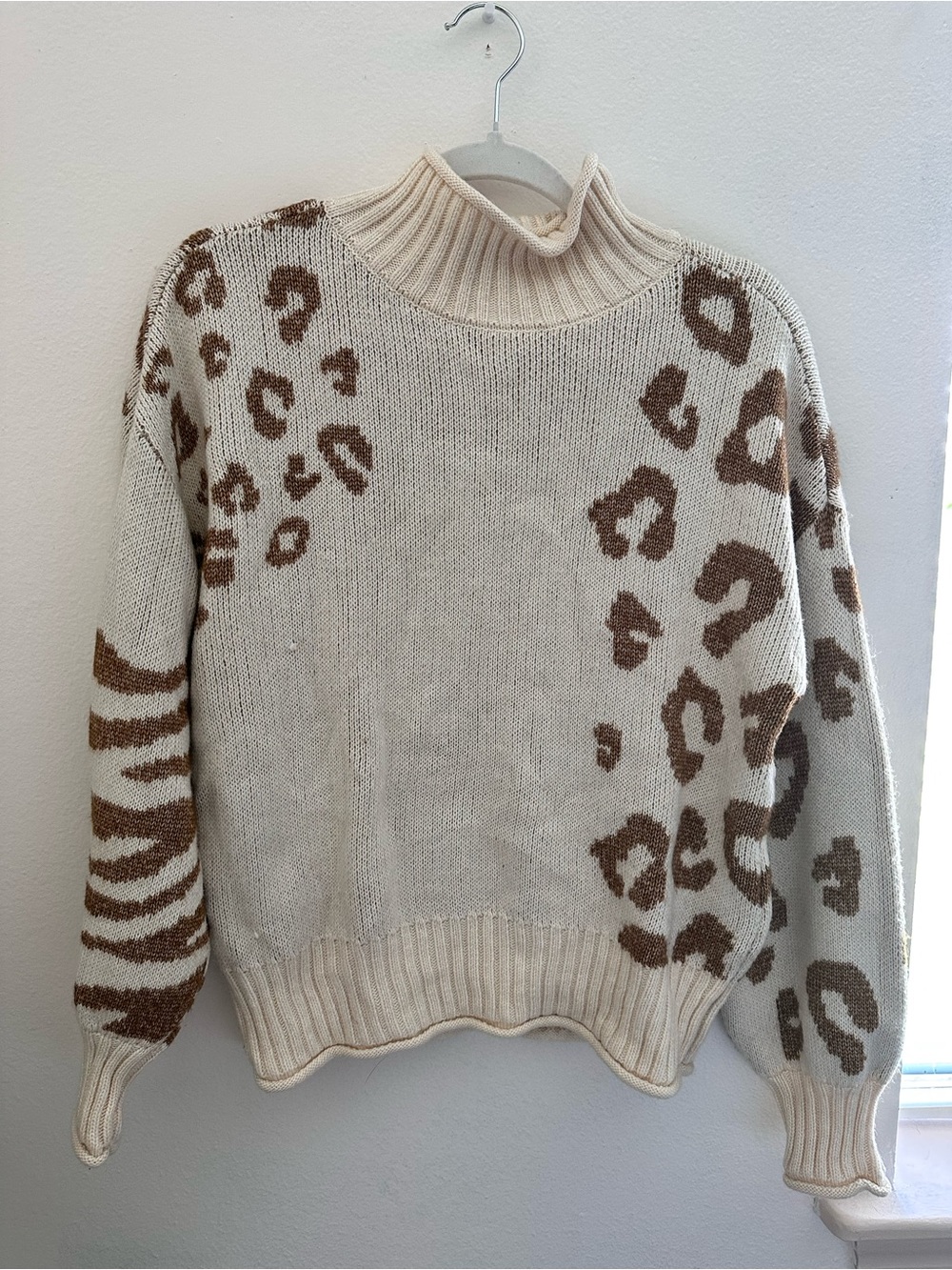 Nine West Cream and Brown Leopard-Print Turtleneck Sweater